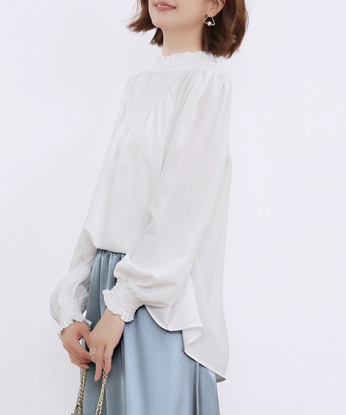 ブラウス シャツ フリルハイネックギャザーブラウス レディース