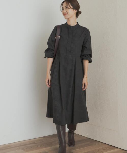 新品タグ付◆ DOORS 『UR TECH』チェック柄バルーンスリーブワンピース UR TECH』チェック柄バルーンスリーブワンピース(M BROWN): ワンピース