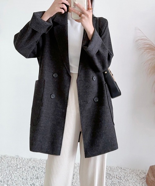 新品タグ付き カシミヤ混ウール チェスターコート 黒 ダブルボタン ミモレコート Chiina コート チェスターコート Chiina/ハンサムライク シンプル