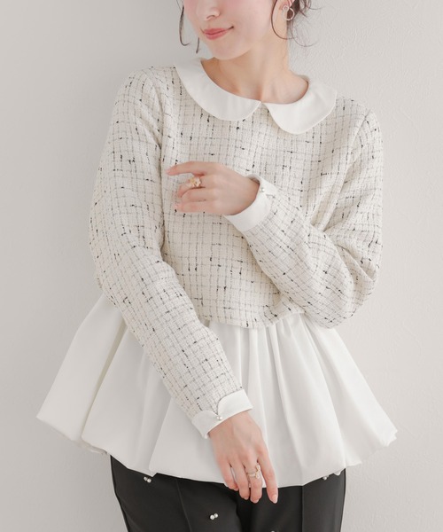 Fit more（フィットモア） 襟付きツイードペプラムトップス レディース