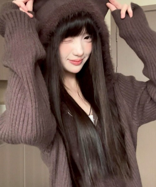 leune（ルネ） パーカー シャギーミックス猫耳フードニットパーカー