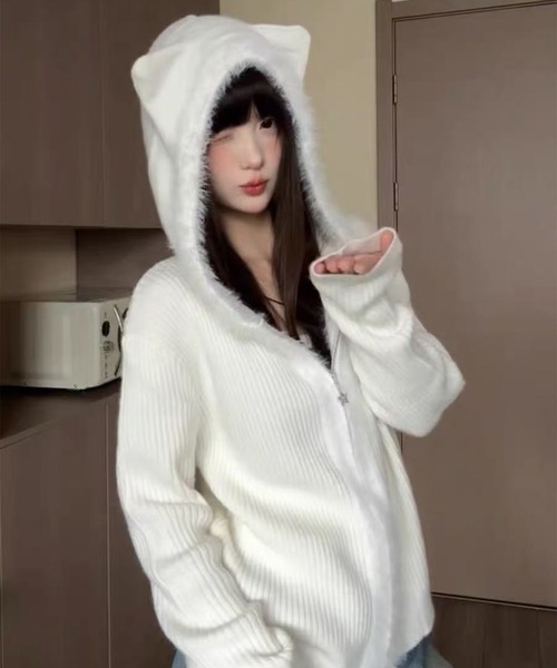 leune（ルネ） パーカー シャギーミックス猫耳フードニットパーカー