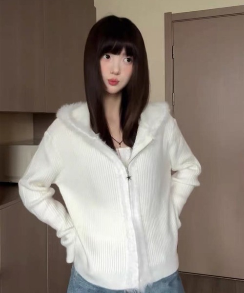 leune（ルネ） パーカー シャギーミックス猫耳フードニットパーカー