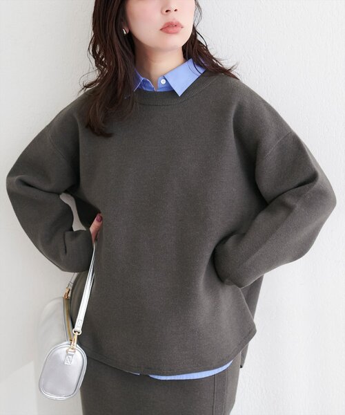 natural couture ニット セーター Wフェイス裾口ラウンドニットプル