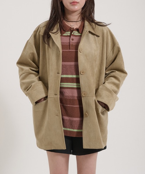 Perushu カバーオール Faux Suede Over Shirt Jacket / フェイク