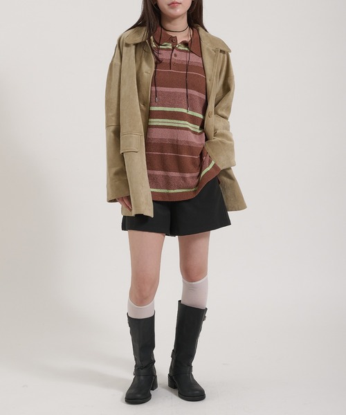 Perushu カバーオール Faux Suede Over Shirt Jacket / フェイク