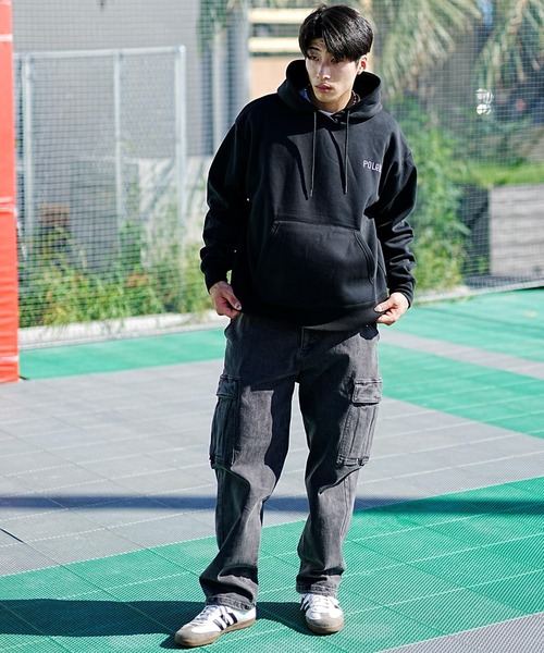 「POLeR」 プルオーバーパーカー L ベージュ×ブラック メンズ_画像2