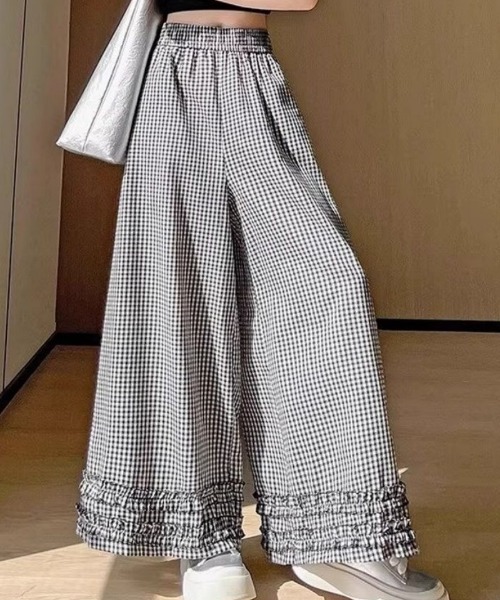 ワイドパンツ パンツ ギンガムチェックフリルワイドパンツ レディース