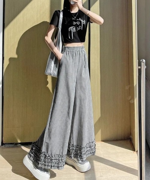 ワイドパンツ パンツ ギンガムチェックフリルワイドパンツ レディース