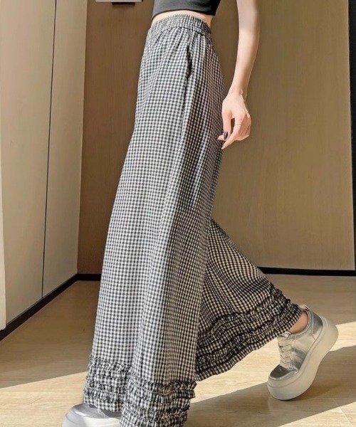ワイドパンツ パンツ ギンガムチェックフリルワイドパンツ レディース
