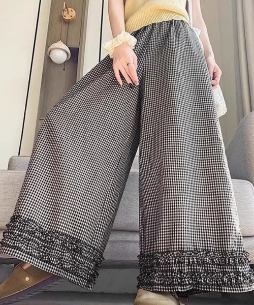 ワイドパンツ パンツ ギンガムチェックフリルワイドパンツ レディース