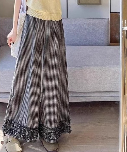 ワイドパンツ パンツ ギンガムチェックフリルワイドパンツ レディース