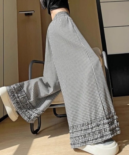 ワイドパンツ パンツ ギンガムチェックフリルワイドパンツ レディース