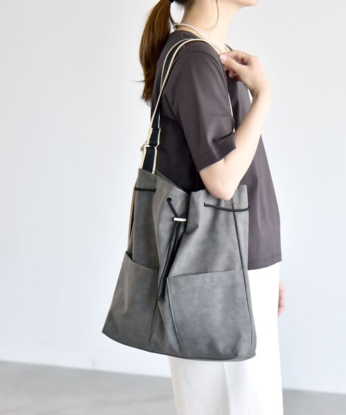 quaranciel トートバッグ ポケット ラインベルト ワンハンドル トート
