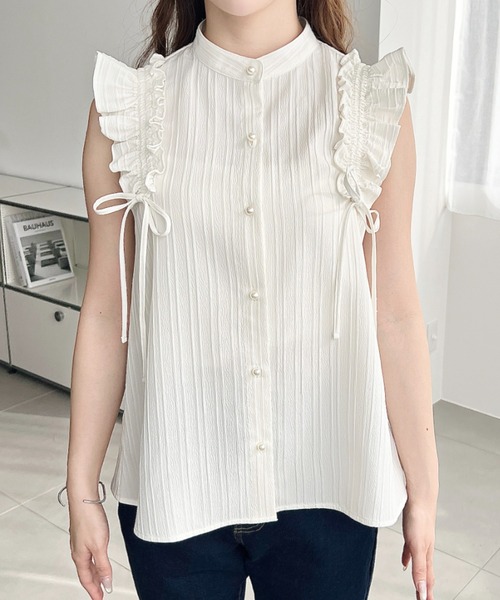 moment+ ブラウス シャツ ドビーストライプドロストフリルブラウス