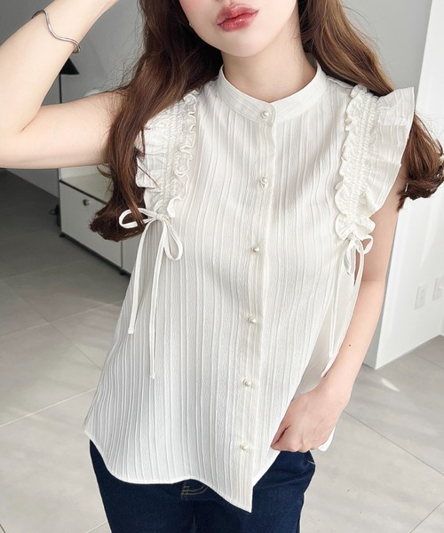 moment+ ブラウス シャツ ドビーストライプドロストフリルブラウス