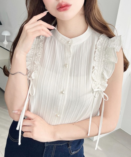 moment+ ブラウス シャツ ドビーストライプドロストフリルブラウス