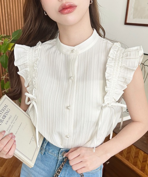 moment+ ブラウス シャツ ドビーストライプドロストフリルブラウス