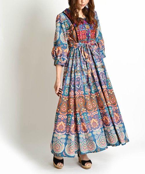 marai（マーライ） ワンピース ペイズリー総柄 刺繍 6分袖 マキシ