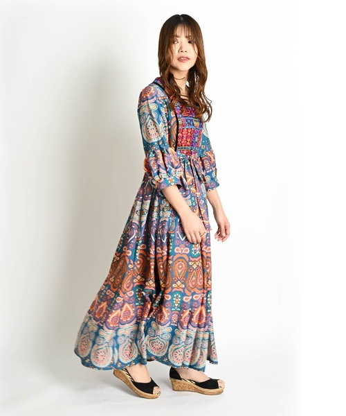 marai（マーライ） ワンピース ペイズリー総柄 刺繍 6分袖 マキシ