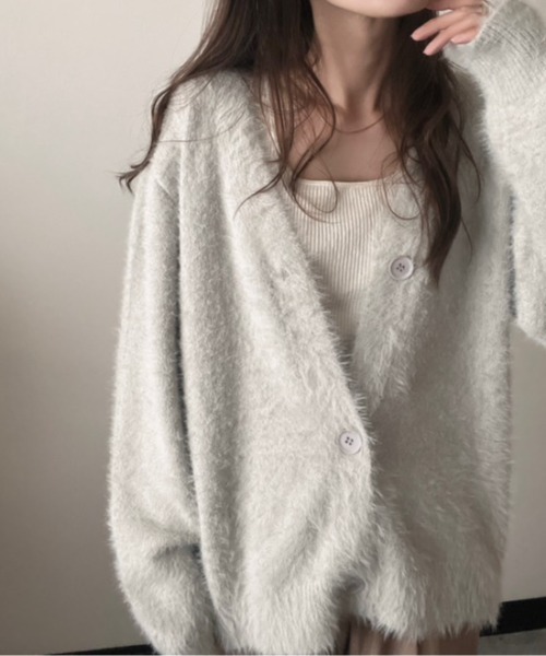 deux amour カーディガン シャギーVネック前ボタンオフショルカーデ