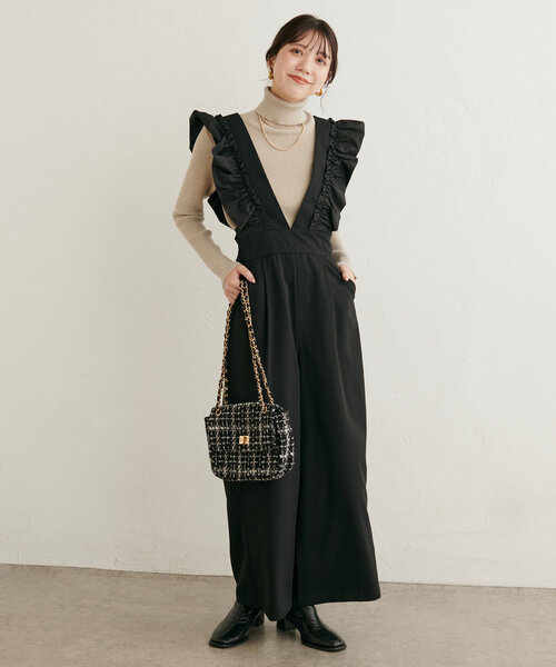 natural couture パンツ 「WEB限定」異素材フリルVネックサロペ 