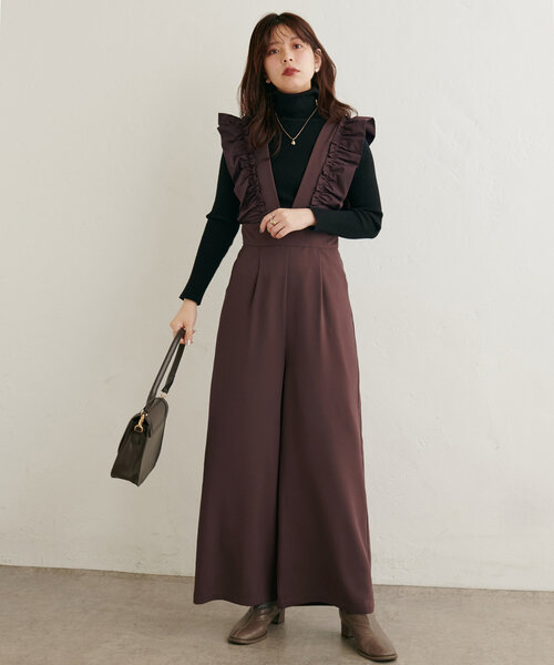 natural couture パンツ 「WEB限定」異素材フリルVネックサロペ 