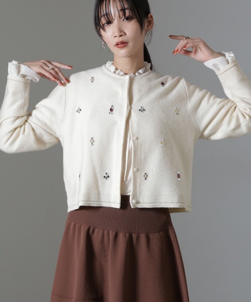 カーディガン ビジュー刺繍ニットカーディガン レディース