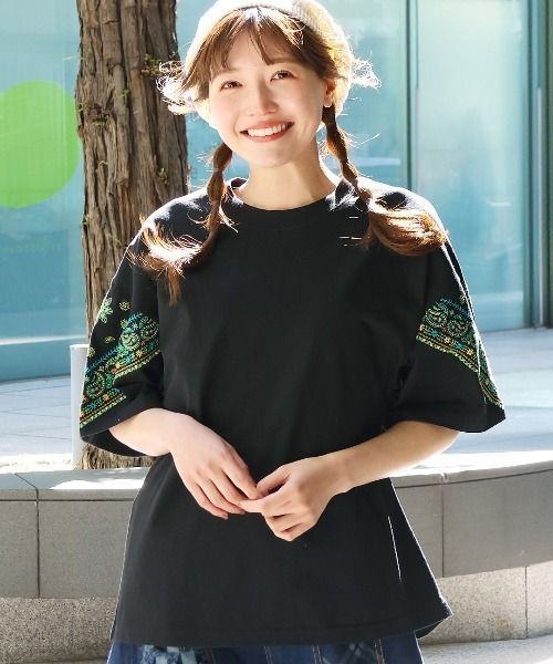 チチカカ tシャツ バンダナスリーブ刺繍Tシャツ レディース