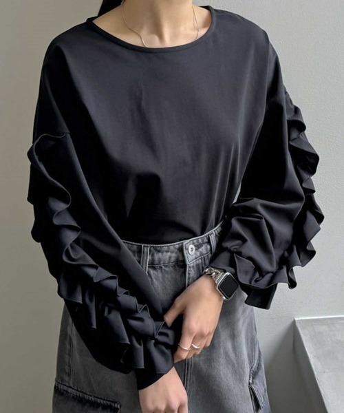 tシャツ 袖フリルプルオーバートップス レディース