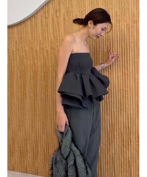 モールニットベアトップ styling/ ニット セーター ラッフルニットベアトップ レディース