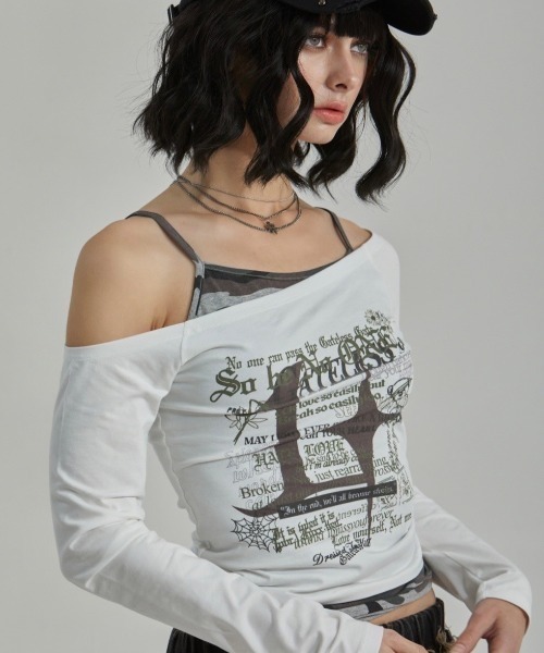 tシャツ 「GATELESS」CAMOUFLAGE LAYERED ONE SHOULDER T-SHIRT レディース