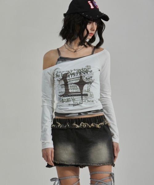 tシャツ 「GATELESS」CAMOUFLAGE LAYERED ONE SHOULDER T-SHIRT レディース GATELESS tシャツ 「GATELESS」CAMOUFLAGE LAYERED ONE SHOULDER