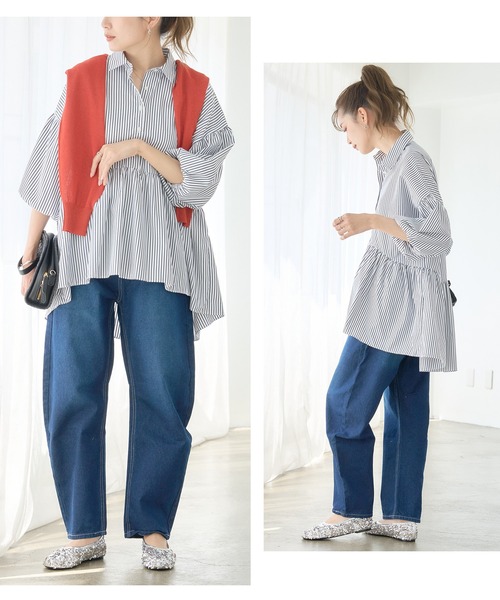 ブラウス シャツ バルーン袖 チュニックシャツ 半袖 ストライプシャツ