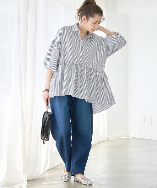 ブラウス シャツ バルーン袖 チュニックシャツ 半袖 ストライプシャツ