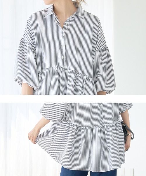 ブラウス シャツ バルーン袖 チュニックシャツ 半袖 ストライプシャツ