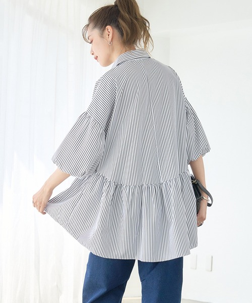 ebagos ストライプ柄 半袖チュニック ブラウス シャツ バルーン袖 チュニックシャツ 半袖 ストライプシャツ