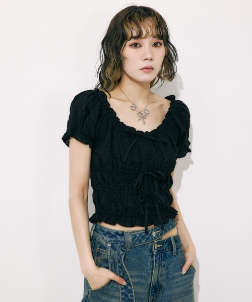 SLY ブラウス シャツ COTTON LACE PUFF SLEEVE TOPS コットン