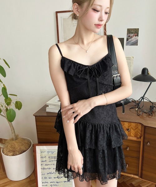 moment+ ワンピース フラワーストレッチレースアシンメトリ―ティアード