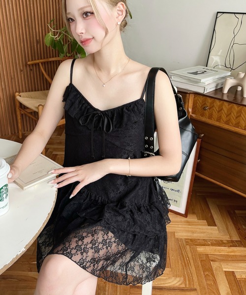 moment+ ワンピース フラワーストレッチレースアシンメトリ―ティアード