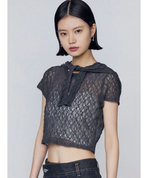 ANDREDAMO 売れ筋商品|||アンドレダモ Tシャツ トップス レディース Tops Black ANDRESD tシャツ corset style sheer tops コルセットスタイル