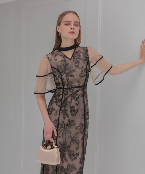 leja Mサイズ スパンコール ドレス ワンピース 結婚式 二次会 パーティー Leja ドレス 「LEJA」スパンコール刺繍レースプチハイネックA