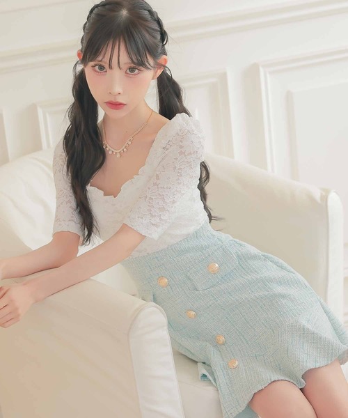美ライン韓国ドレス＊Tika＊ホワイトフリル付ワッフルフレアドレスM レースリボン×フリルタイトミニドレス 韓国ドレス ガーリー