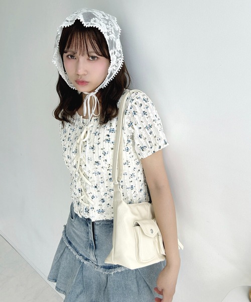 AS KNOW AS（アズノゥアズ） tシャツ 半袖レースアップリボン 花柄