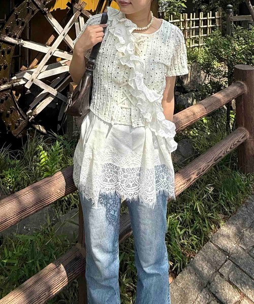 AS KNOW AS（アズノゥアズ） tシャツ 半袖レースアップリボン 花柄