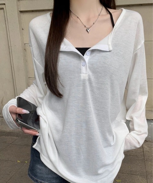 tシャツ ルーズ シアーヘンリーネックロンT「日焼け/冷房対策