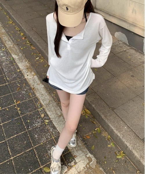tシャツ ルーズ シアーヘンリーネックロンT「日焼け/冷房対策