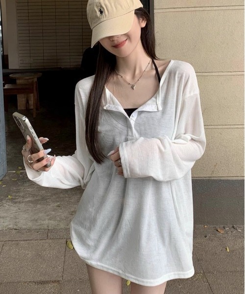 tシャツ ルーズ シアーヘンリーネックロンT「日焼け/冷房対策