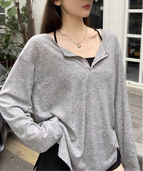 tシャツ ルーズ シアーヘンリーネックロンT「日焼け/冷房対策