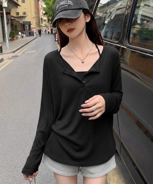 tシャツ ルーズ シアーヘンリーネックロンT「日焼け/冷房対策